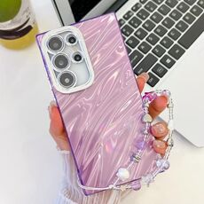 Per Samsung Galaxy S24 Ultra 5G placcatura glitter texture catena cinturino custodia per telefono in TPU con pellicola per lenti (increspature dell'acqua viola)