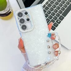 Per Samsung Galaxy S24 Ultra 5G placcatura glitter texture catena cinturino custodia per telefono in TPU con pellicola per lenti (modello a conchiglia bianca)