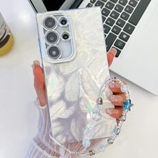 Per Samsung Galaxy S24 Ultra 5G placcatura glitter texture catena cinturino custodia per telefono in TPU con pellicola per lenti (piume bianche)
