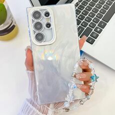 Per Samsung Galaxy S24 Ultra 5G placcatura glitter texture catena cinturino custodia per telefono in TPU con pellicola per lenti (filato di piume bianche)