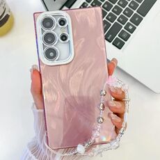 Per Samsung Galaxy S24 Ultra 5G placcatura glitter texture catena cinturino custodia per telefono in TPU con pellicola per lenti (filato di piume rosa)