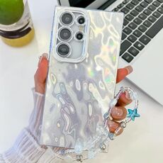 Per Samsung Galaxy S24 Ultra 5G placcatura glitter texture catena cinturino custodia per telefono in TPU con pellicola per lenti (rughe bianche)