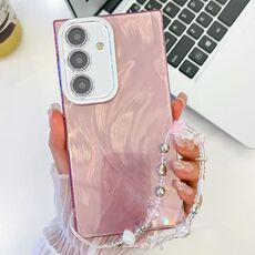 Per Samsung Galaxy S24 5G placcatura glitter texture catena cinturino custodia per telefono in TPU con pellicola per lenti (filato di piume rosa)