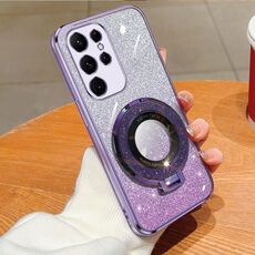 Per Samsung Galaxy S22 Ultra 5G Custodia per telefono in TPU con supporto rotondo glitterato sfumato placcato (viola)
