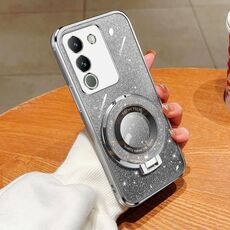 Custodia per telefono in TPU con supporto rotondo con glitter sfumato placcato per vivo Y200 Global / V29e (Argento)