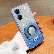 Per vivo Y16 Custodia per telefono in TPU con supporto rotondo glitterato sfumato placcato (blu Sierra)