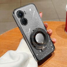 Per vivo Y16 Custodia per telefono in TPU con supporto rotondo glitterato sfumato placcato (nero)
