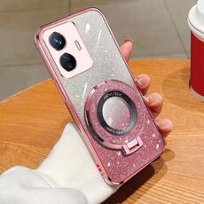 Custodia per telefono in TPU con supporto rotondo con glitter sfumato placcato per vivo Y77e (rosa)