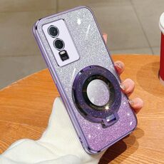 Per vivo Y76s Custodia per telefono in TPU con supporto rotondo glitterato sfumato placcato (viola)