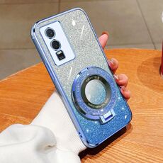 Per vivo Y76s Custodia per telefono in TPU con supporto rotondo glitterato sfumato placcato (blu Sierra)