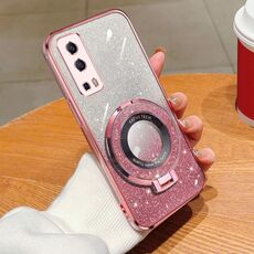 Per vivo Y72 5G / iQOO Z3 5G Custodia per telefono in TPU con supporto rotondo glitterato sfumato placcato (rosa)