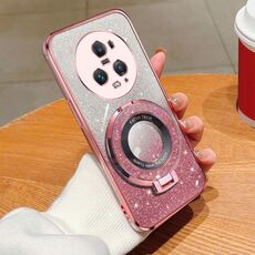 Custodia per telefono in TPU con supporto rotondo con glitter sfumato placcato per Honor Magic5 Pro (rosa)