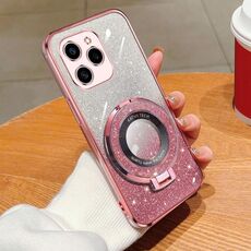 Custodia per telefono in TPU con supporto rotondo glitterato sfumato placcato per Honor 70 (rosa)