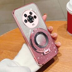 Custodia per telefono in TPU con supporto rotondo glitterato sfumato placcato per Honor Magic4 (rosa)