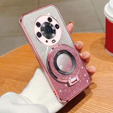 Custodia per telefono in TPU con supporto rotondo glitterato sfumato placcato per Honor Magic3 Pro (rosa)