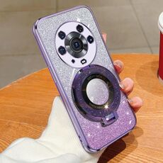 Custodia per telefono in TPU con supporto rotondo con glitter sfumato placcato per Honor Magic3 Pro (viola)