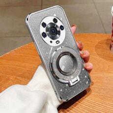 Custodia per telefono in TPU con supporto rotondo glitterato sfumato placcato per Honor Magic3 Pro (argento)
