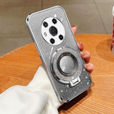 Custodia per telefono in TPU con supporto rotondo glitterato sfumato placcato per Honor Magic3 (argento)
