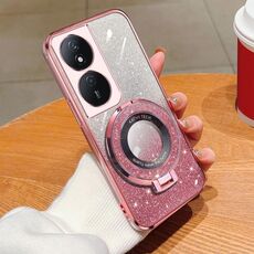 Custodia per telefono in TPU con supporto rotondo con glitter sfumato placcato per Honor Play 50 Plus (rosa)
