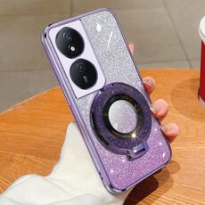Custodia per telefono in TPU con supporto rotondo glitterato sfumato placcato per Honor Play 50 Plus (viola)