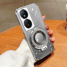 Custodia per telefono in TPU con supporto rotondo con glitter sfumato placcato per Honor Play 50 Plus (Argento)