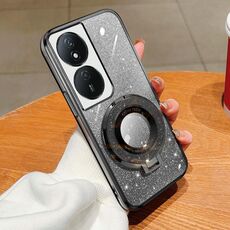 Custodia per telefono in TPU con supporto rotondo glitterato sfumato placcato per Honor Play 50 Plus (nero)