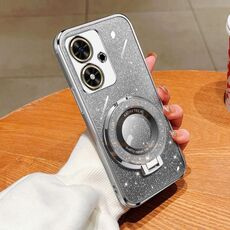 Custodia per telefono in TPU con supporto rotondo con glitter sfumato placcato per Honor Play 50 (Argento)