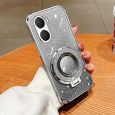 Custodia per telefono in TPU con supporto rotondo con glitter sfumato placcato per Honor Play 40 Plus (Argento)