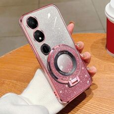 Custodia per telefono in TPU con supporto rotondo glitterato sfumato placcato per Honor Play 40 (rosa)
