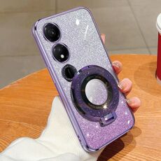 Custodia per telefono in TPU con supporto rotondo glitterato sfumato placcato per Honor Play 40 (viola)