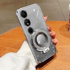 Custodia per telefono in TPU con supporto rotondo glitterato sfumato placcato per Honor Play 40 (argento)