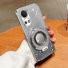 Custodia per telefono in TPU con supporto rotondo glitterato sfumato placcato per Honor Play 50 Plus (argento)