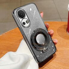 Custodia per telefono in TPU con supporto rotondo glitterato sfumato placcato per Honor Play 50 Plus (nero)