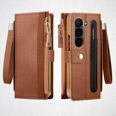 Per Samsung Galaxy Z Fold6 VIETAO RFID Portafoglio Custodia in Pelle per Telefono con Cinturino da Polso (Marrone)