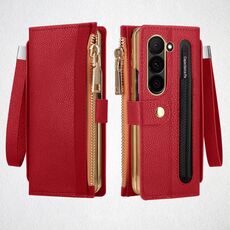Per Samsung Galaxy Z Fold6 VIETAO RFID Portafoglio Custodia in Pelle per Telefono con Cinturino da Polso (Rosso)