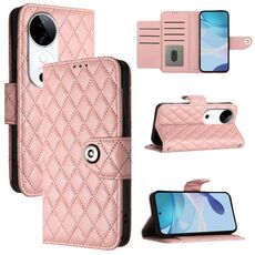 Per vivo S19 Custodia per telefono in pelle con texture rombica con cordino (rosa corallo)
