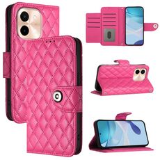 Per vivo Y28 4G Custodia per telefono in pelle con texture rombica con cordino (rosso rosa)