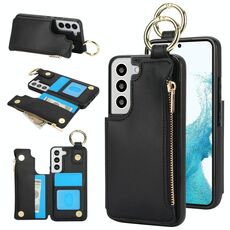 Per Samsung Galaxy S22+ 5G RFlD Custodia antifurto con cerniera a doppia fibbia e anello per carte di credito (nero)