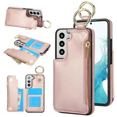 Per Samsung Galaxy S22+ 5G RFlD Custodia antifurto con cerniera a doppia fibbia e anello per carte di credito (oro rosa)