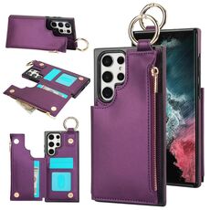 Per Samsung Galaxy S22 Ultra 5G RFlD Custodia antifurto con cerniera a doppia fibbia e anello per telefono cellulare (viola scuro)