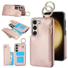 Per Samsung Galaxy S23 5G RFlD Custodia antifurto con cerniera a doppia fibbia e anello per carte di credito (oro rosa)