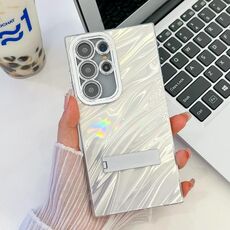 Per Samsung Galaxy S24 Ultra 5G Placcatura Glitter Texture Fold Holder Custodia in TPU con pellicola per lenti (increspature dell'acqua bianca)