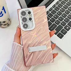Per Samsung Galaxy S24 Ultra 5G Plating Glitter Texture Fold Holder TPU Custodia per telefono con pellicola per lenti (increspature dell'acqua rosa)