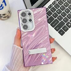 Per Samsung Galaxy S24 Ultra 5G Plating Glitter Texture Fold Holder TPU Custodia per telefono con pellicola per lenti (increspature dell'acqua viola)