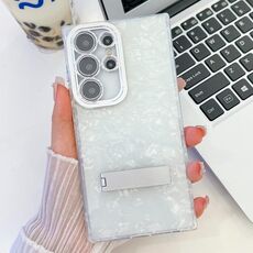 Per Samsung Galaxy S24 Ultra 5G placcatura glitter texture pieghevole supporto TPU custodia per telefono con pellicola per lenti (modello a conchiglia bianca)