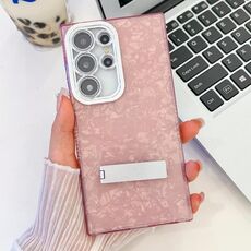 Per Samsung Galaxy S24 Ultra 5G Plating Glitter Texture Fold Holder TPU Custodia per telefono con pellicola per lenti (modello a conchiglia rosa)