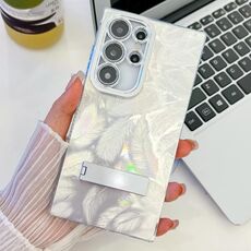 Per Samsung Galaxy S24 Ultra 5G Plating Glitter Texture Fold Holder TPU Custodia per telefono con pellicola per lenti (piume bianche)