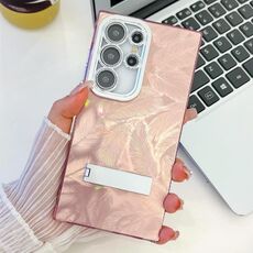 Per Samsung Galaxy S24 Ultra 5G Placcatura Glitter Texture Fold Holder Custodia in TPU con pellicola per lenti (Piume rosa)