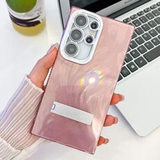 Per Samsung Galaxy S24 Ultra 5G Custodia per telefono in TPU con supporto pieghevole con texture glitterata e pellicola per lenti (filato di piume rosa)