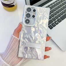 Per Samsung Galaxy S24 Ultra 5G Plating Glitter Texture Fold Holder TPU Custodia per telefono con pellicola per lenti (rughe bianche)